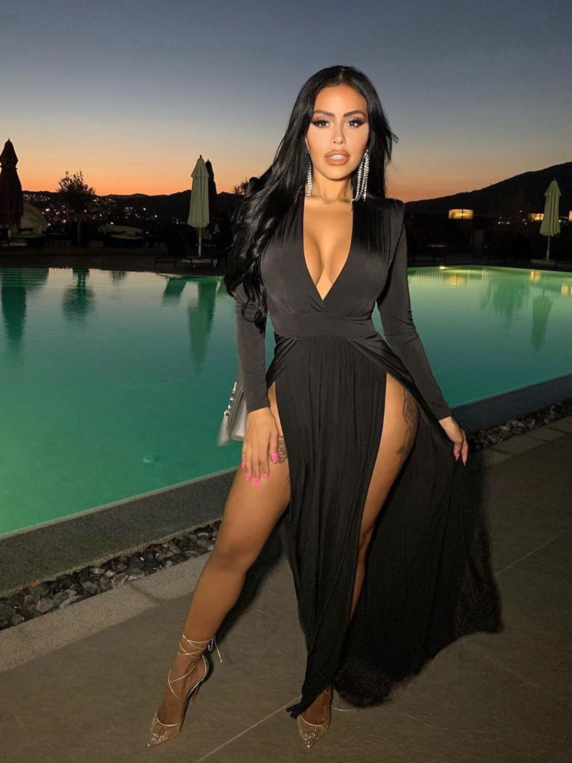 Slit Plunge Long Sleeve Dress - store name